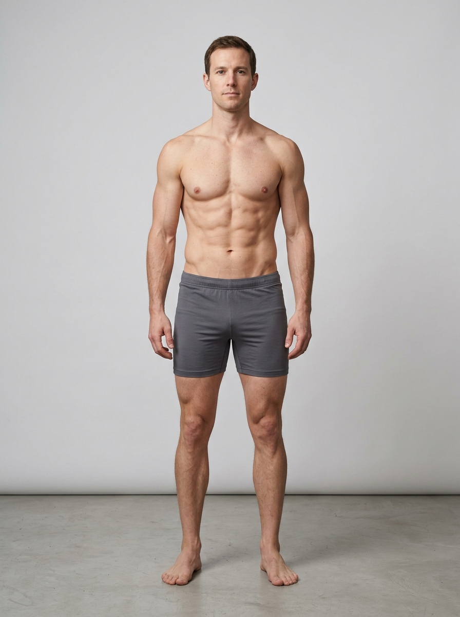 About 10% body fat on a man — athletic: a clearly visible six-pack, defined chest and arms, very little fat around the waist.