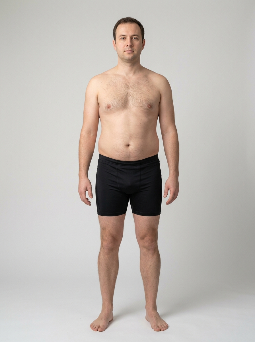 About 20% body fat on a man — average: a soft midsection with a slight belly and no visible ab definition.