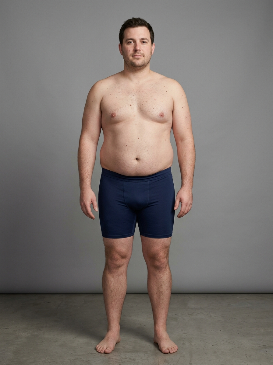 About 30% body fat on a man — elevated: a rounder, fuller belly, softer chest and arms and a fuller face.