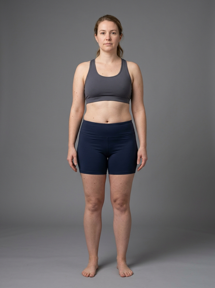 About 28% body fat on a woman — average: soft natural curves, no ab definition, fat around the hips and thighs.