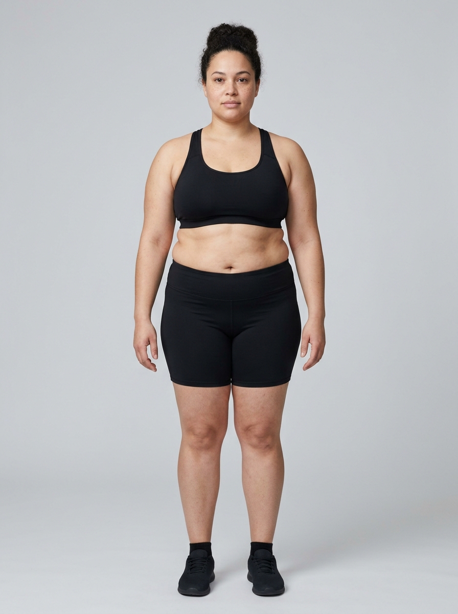 About 35% body fat on a woman — elevated: a fuller, rounder figure with a soft midsection and fuller hips and arms.